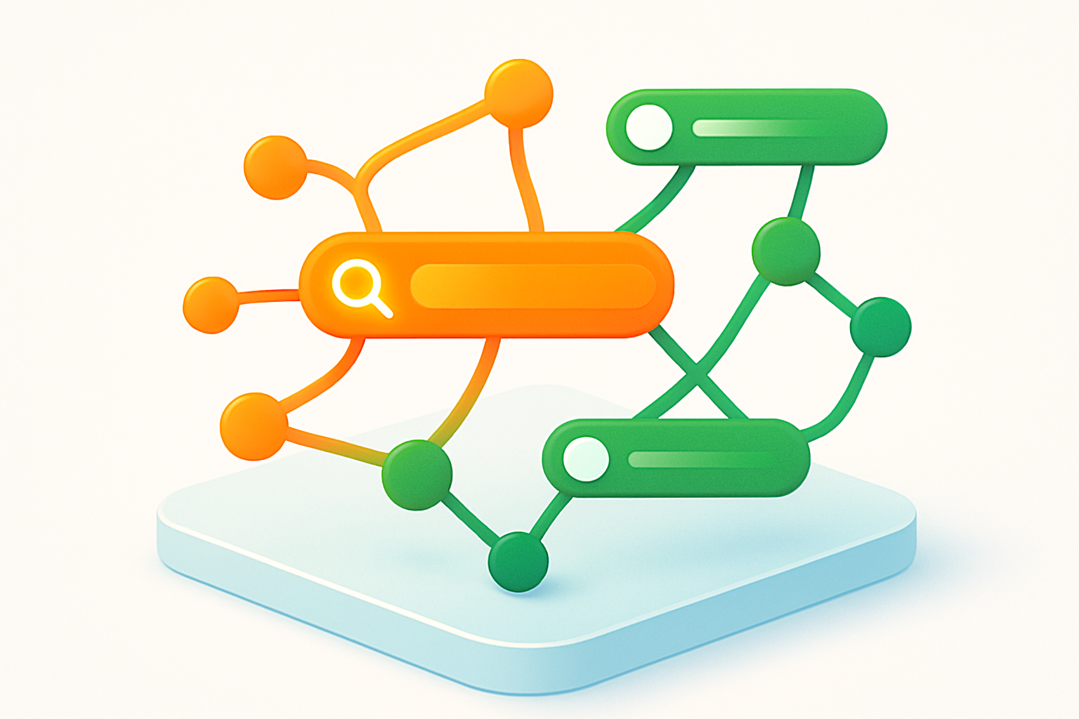Abstract glowing network with interconnected nodes and search bars in orange and green over gradient platform.