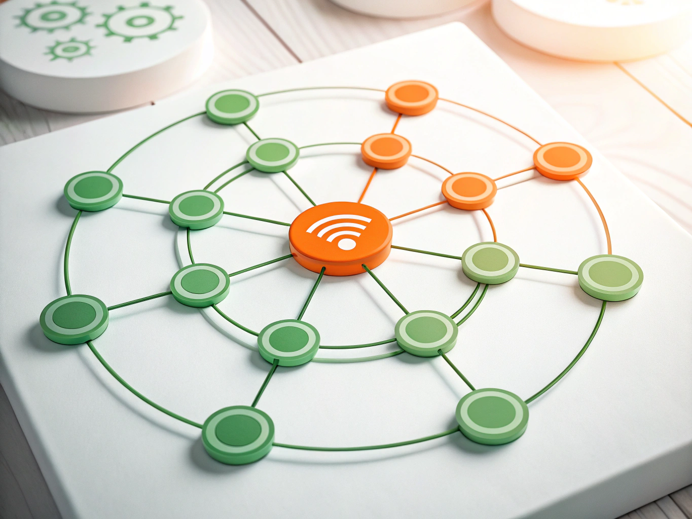 Isometric illustration of interconnected nodes with glowing orange core and green growth rings.
