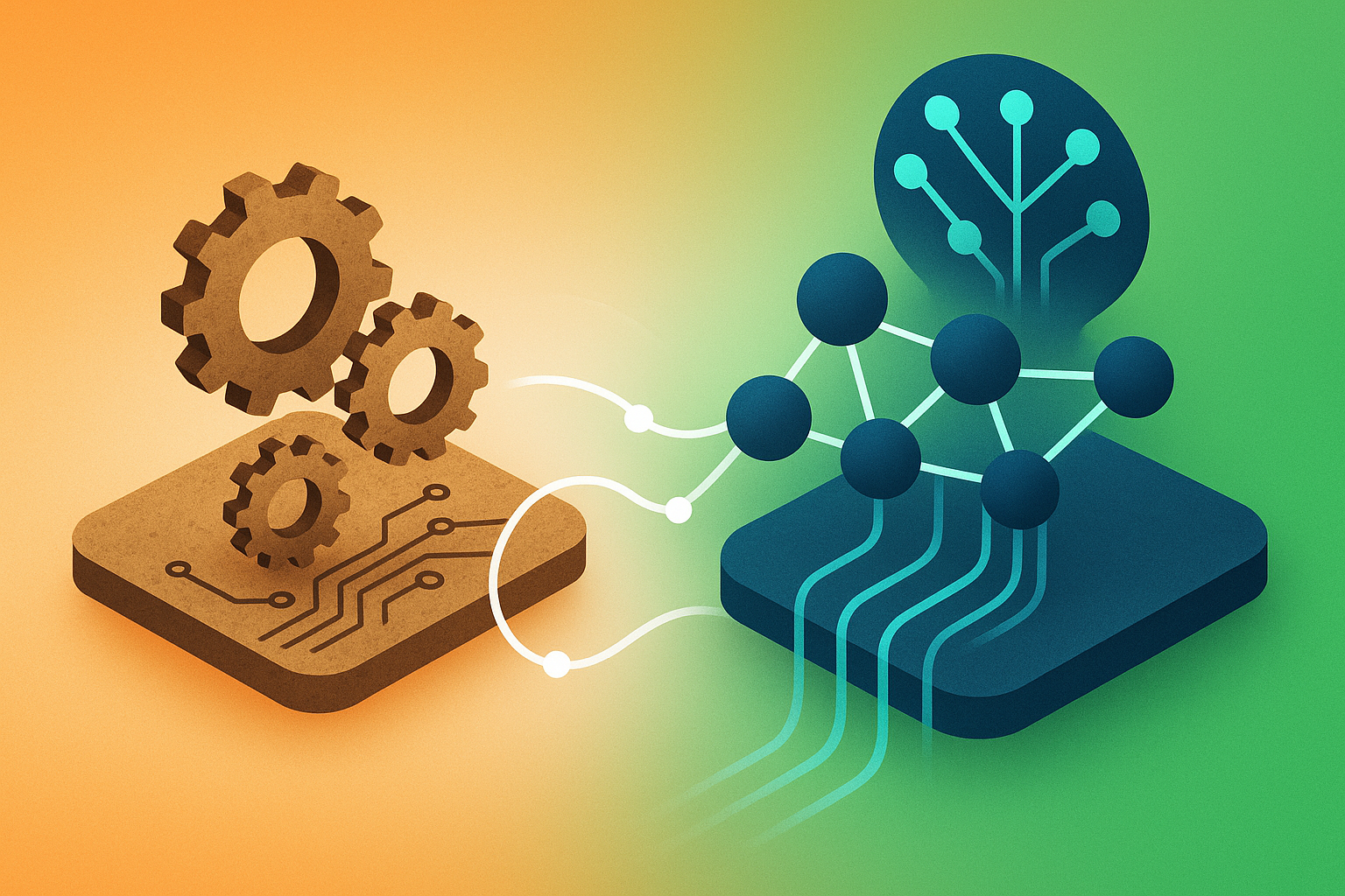 Modern illustration showing legacy gears transforming into glowing AI data streams and neural shapes.