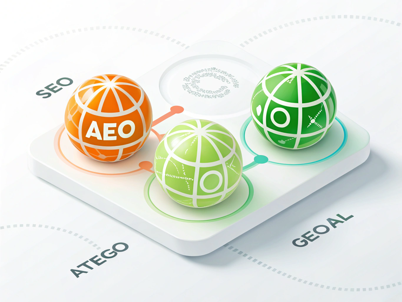 Three glowing interconnected spheres representing AI SEO, AEO, and GEO with data flow lines.