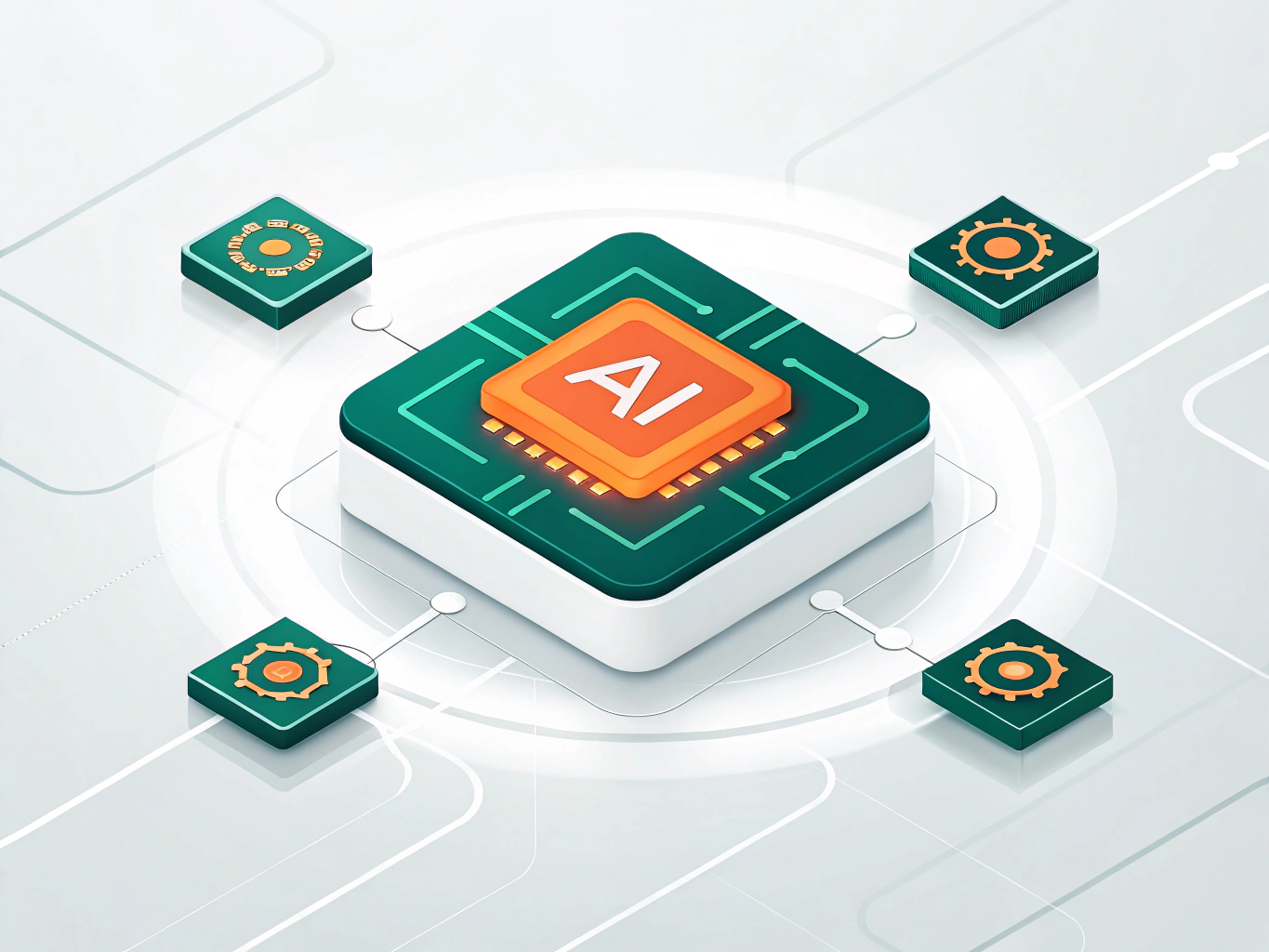 Abstract AI core with interconnected geometric shapes on a gradient platform, symbolizing data flow.