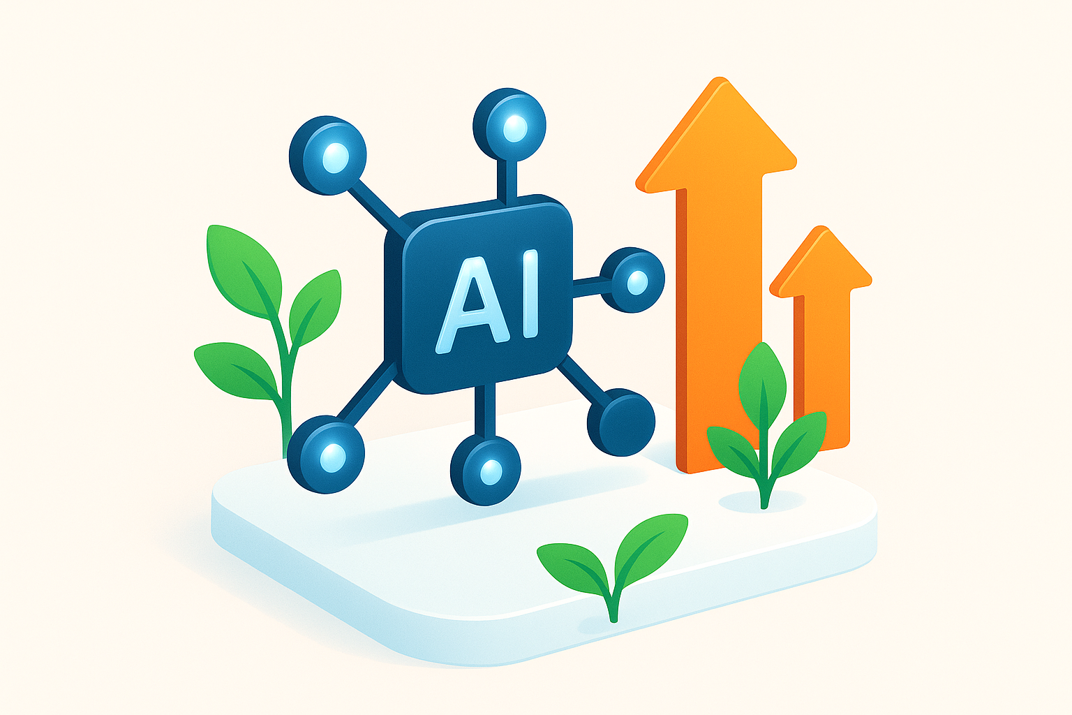 Abstract AI network with glowing nodes, surrounded by growth symbols in orange and green.