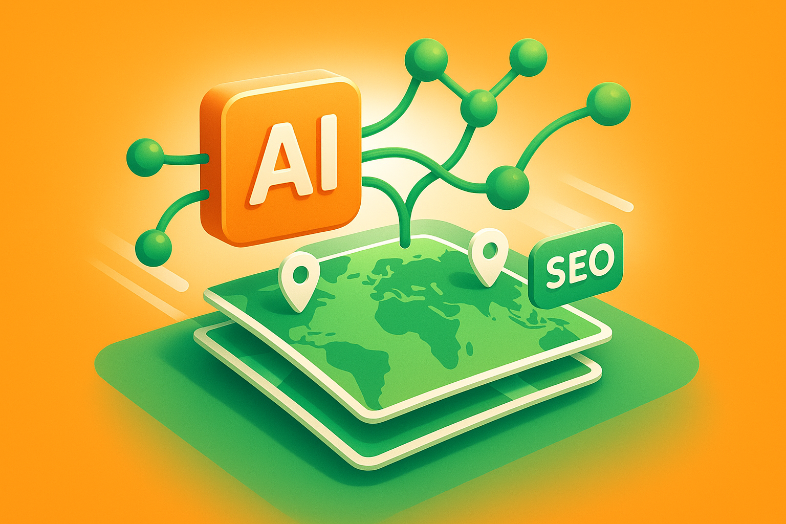 Abstract AI workflow with interconnected nodes, maps, and digital tags on vibrant orange and green background.
