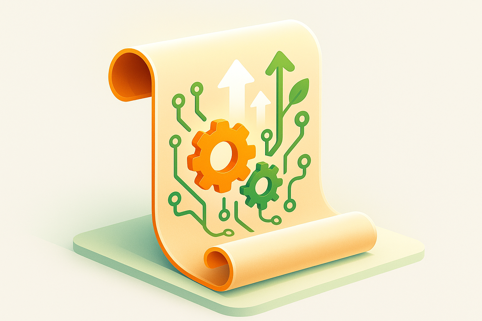 Abstract blueprint with gears, nodes, arrows, and circuit vines symbolizing AI-driven growth.