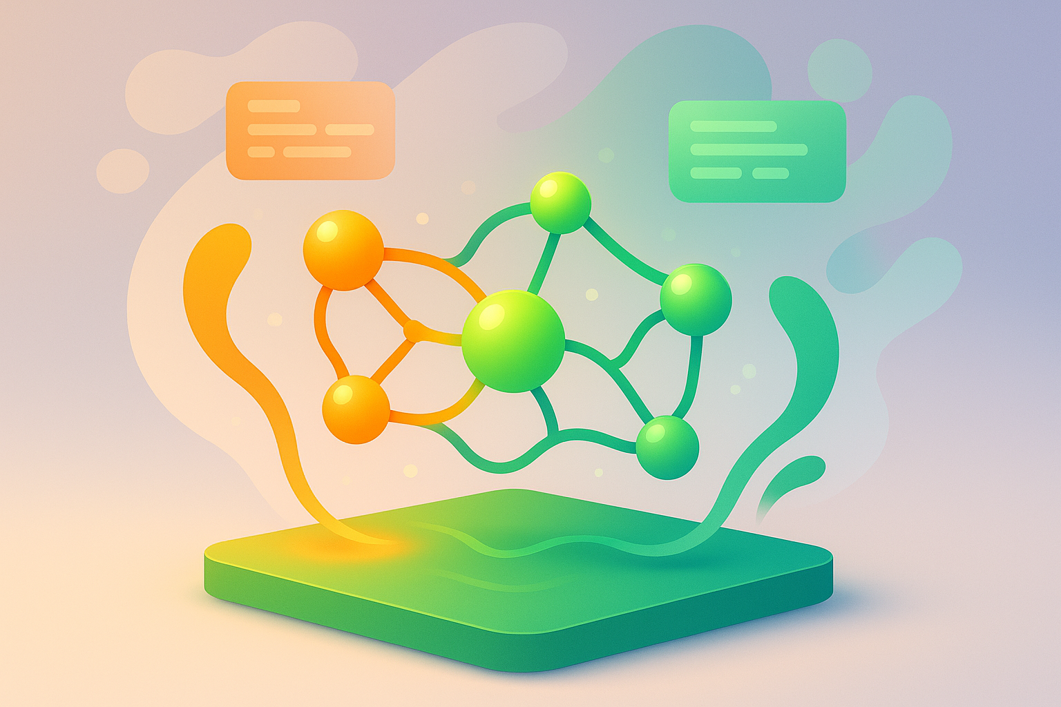 Abstract digital network with glowing nodes, data streams, and floating code symbols in vibrant colors.