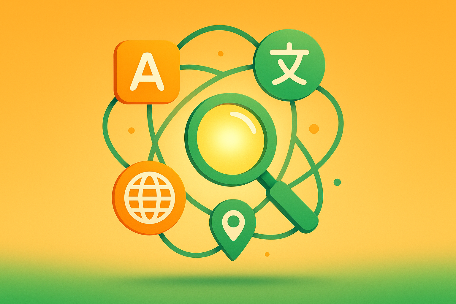 Abstract digital network with interconnected language symbols and region markers around a glowing core.