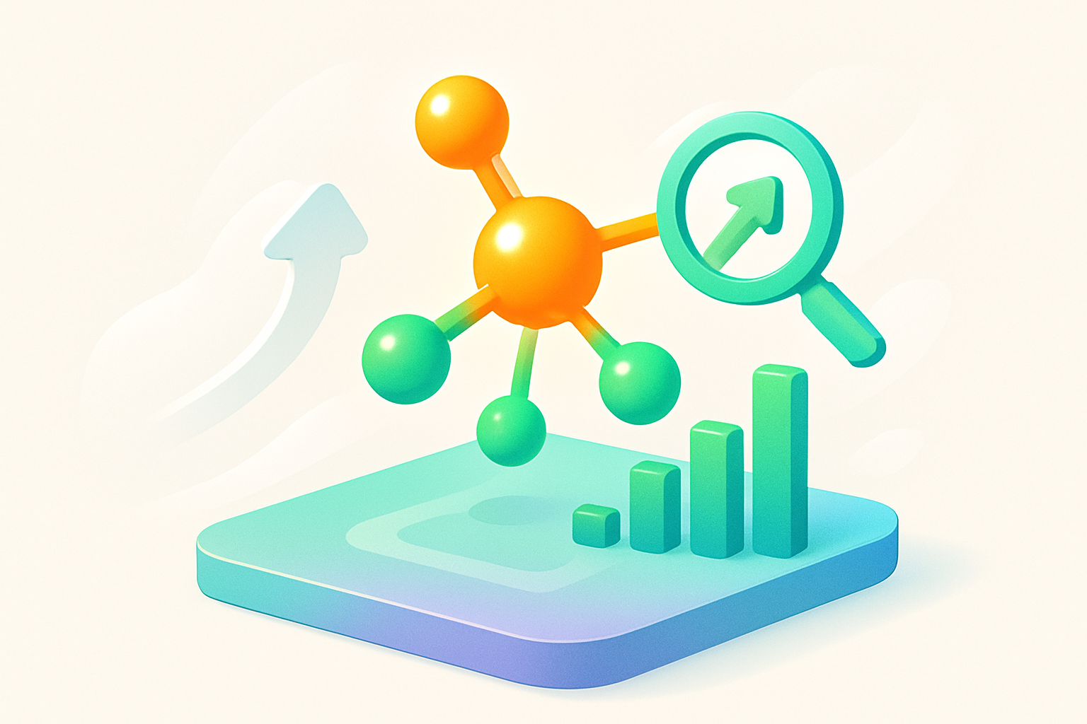 Abstract digital workspace with glowing interconnected nodes, data streams, arrows, and magnifying glass.