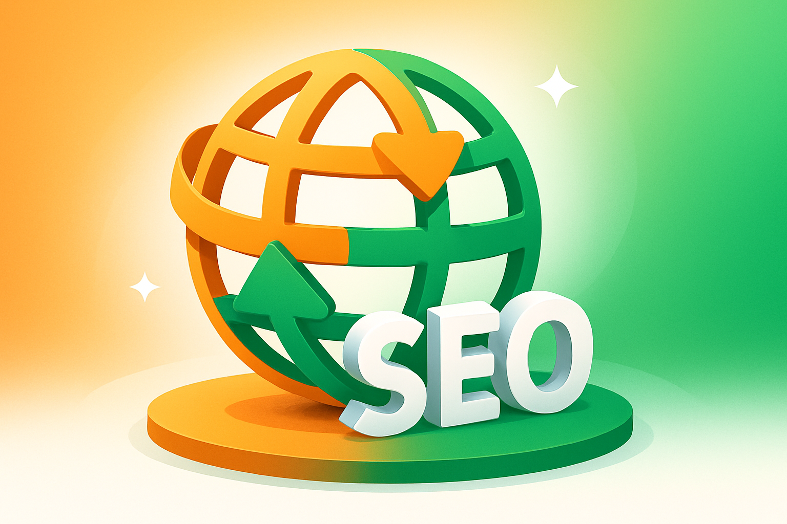 Abstract globe with orange and green arrows symbolizing global SEO growth and connectivity.