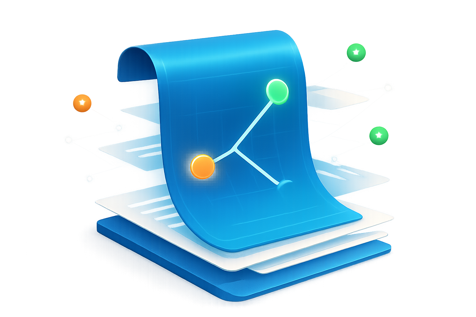 Abstract glowing blueprint with connected nodes and floating pages in a minimalist futuristic workspace.