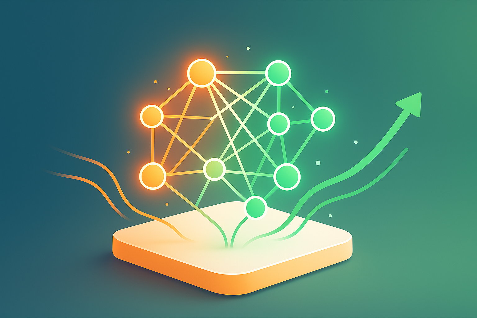 Abstract glowing neural network with interconnected nodes and data streams on a rounded platform.