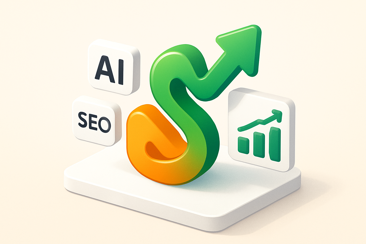 Abstract growth engine with interlocking orange and green organic shapes, symbolizing AI-driven SEO.