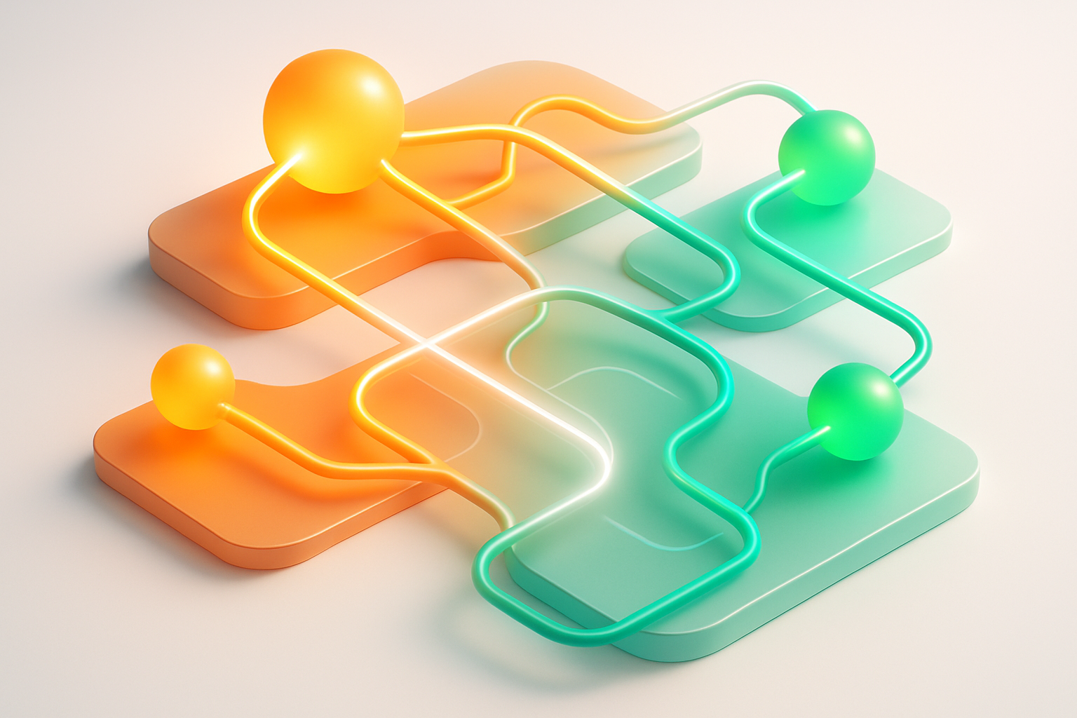 Abstract isometric network with glowing nodes, pathways, and layered platforms in vibrant orange and green hues.