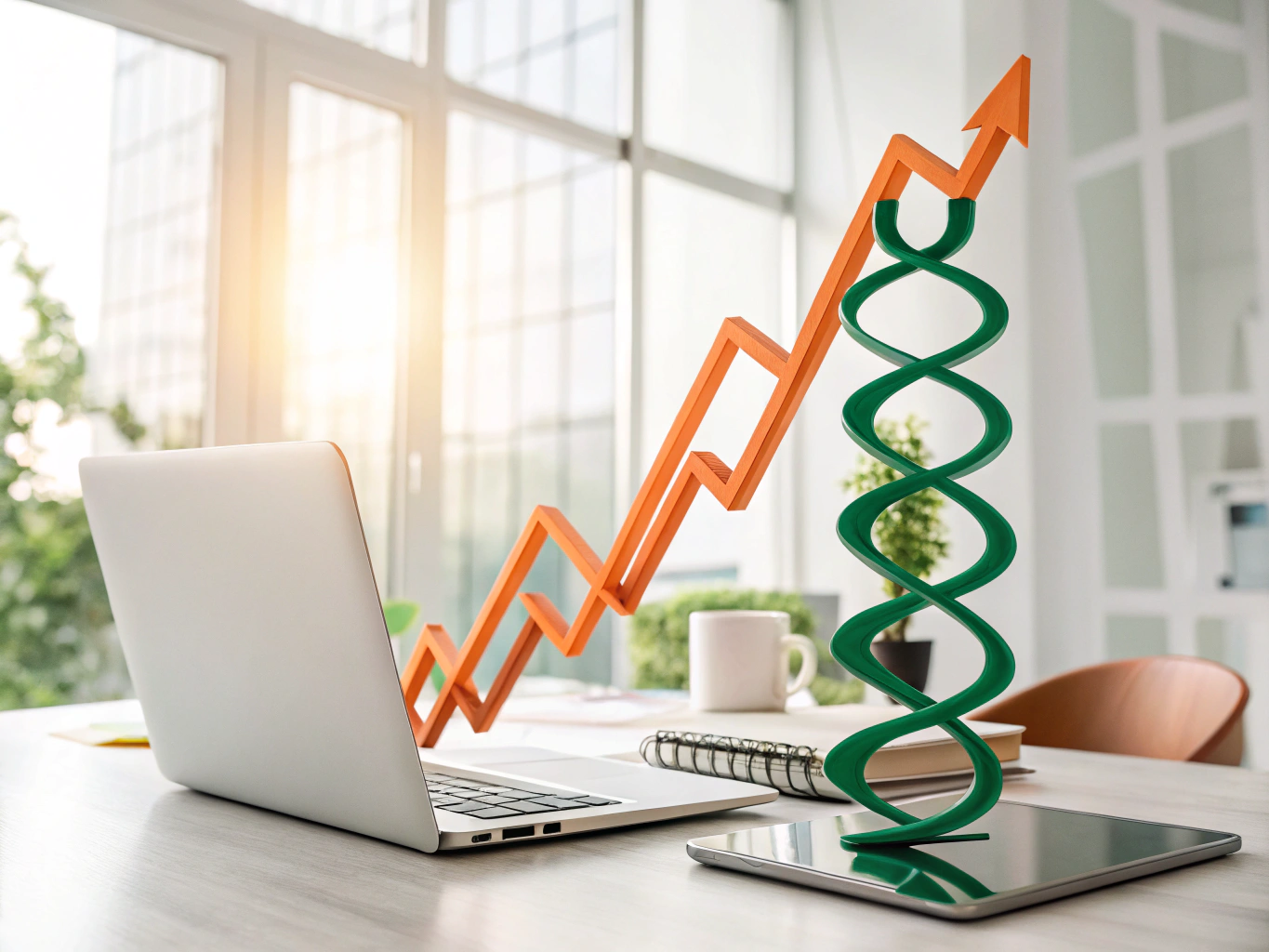 Abstract modern workspace with glowing compass and rising graph, symbolizing growth and guidance.