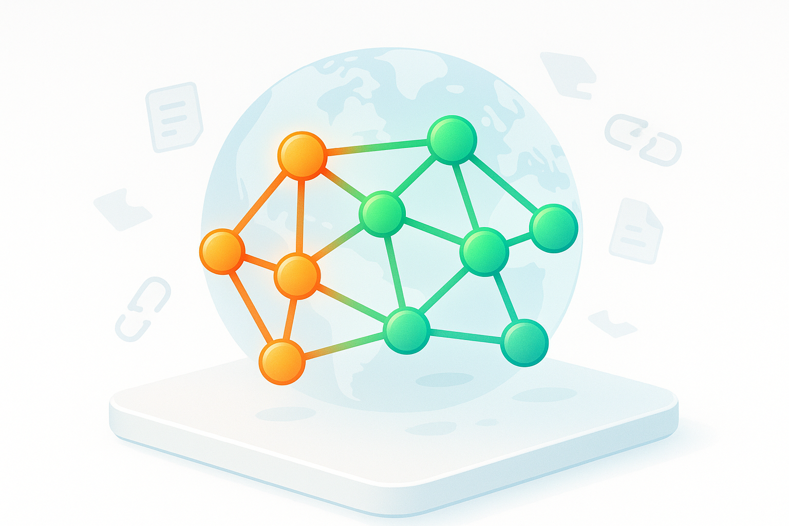 Abstract network of glowing orange and green nodes representing global links and traffic pathways.