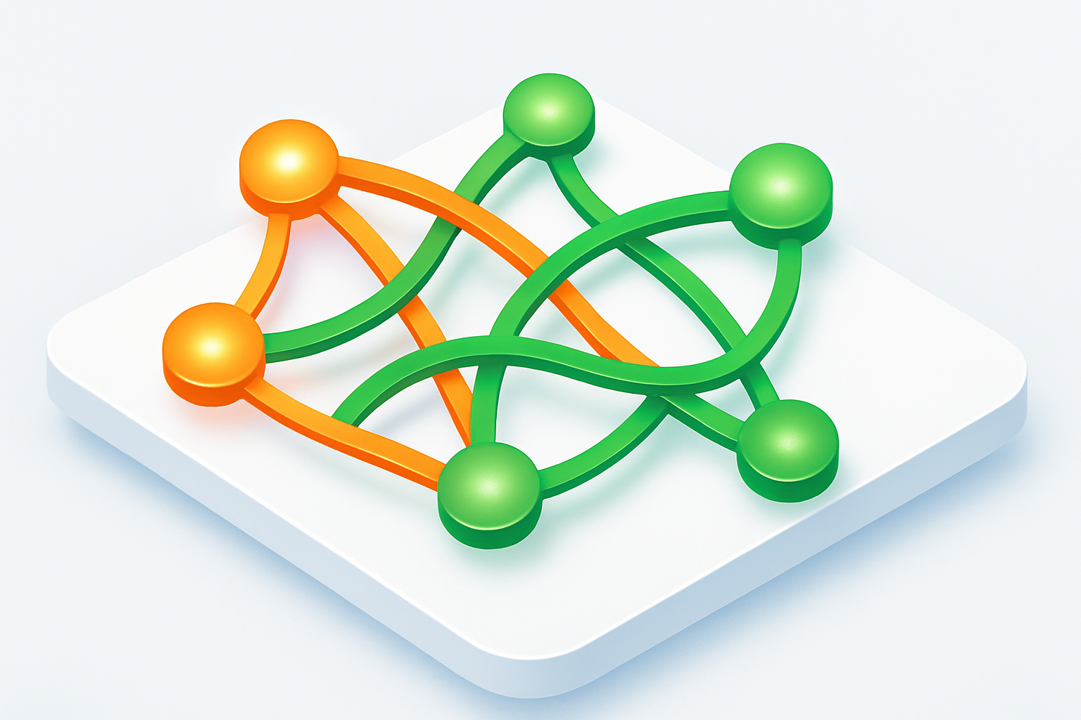 Abstract network of glowing orange and green nodes with web-like strands and subtle shadows.