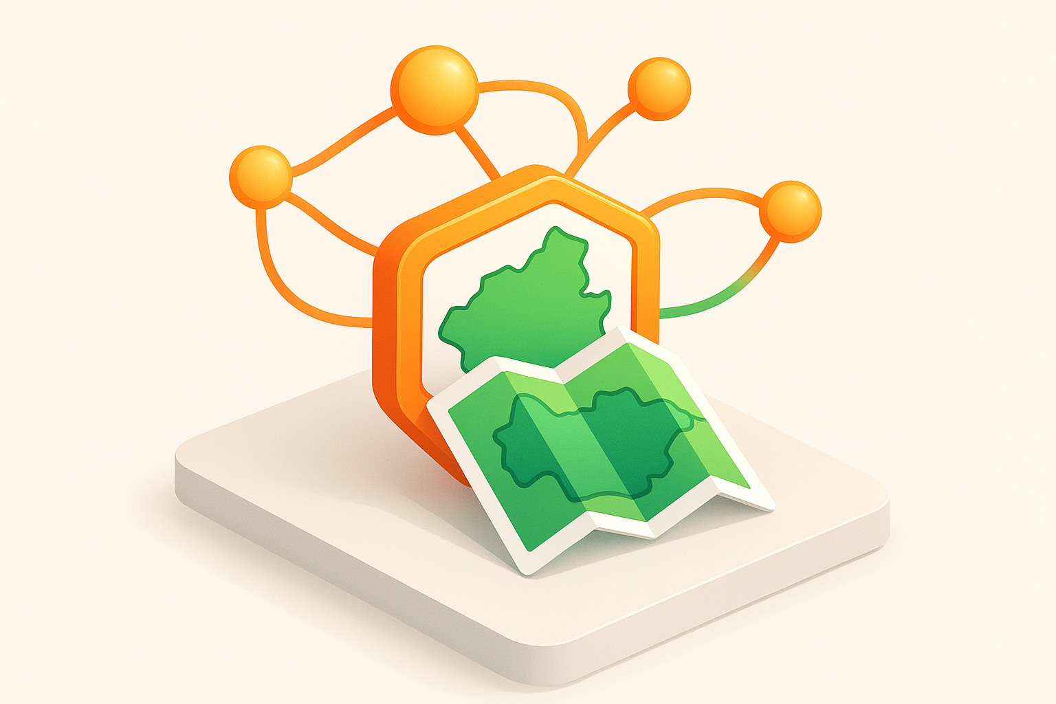 Abstract network with glowing nodes and layered maps in vibrant orange and green tones.