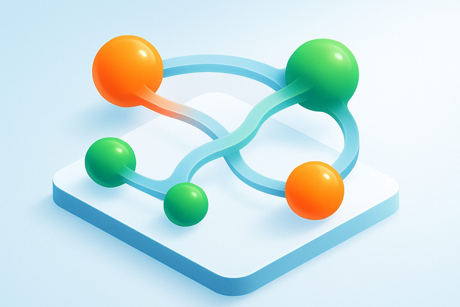 Abstract network with glowing orange and green nodes connected by translucent bridges, symbolizing integration.