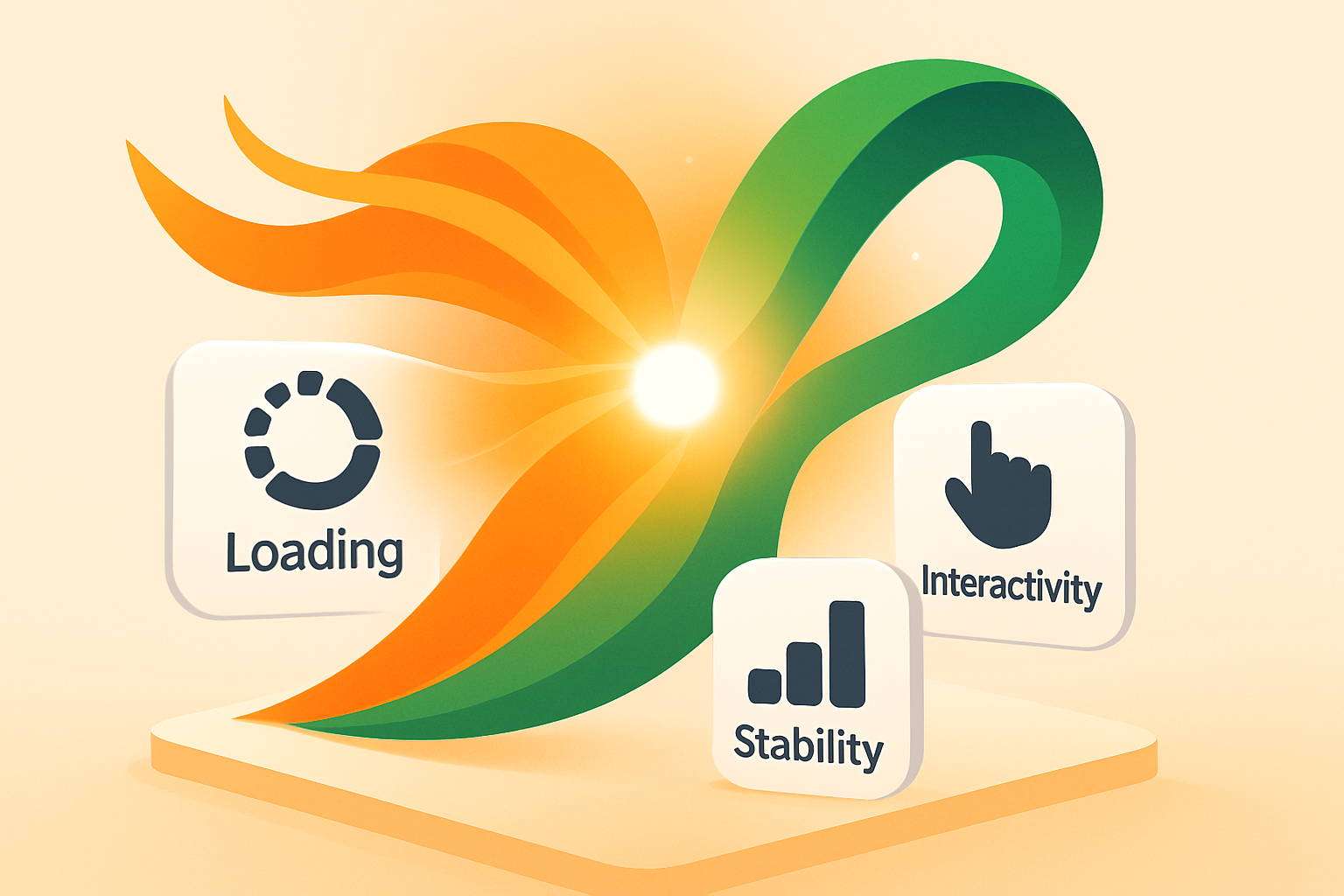 Abstract vector scene with flowing orange and green ribbons converging into a glowing core.