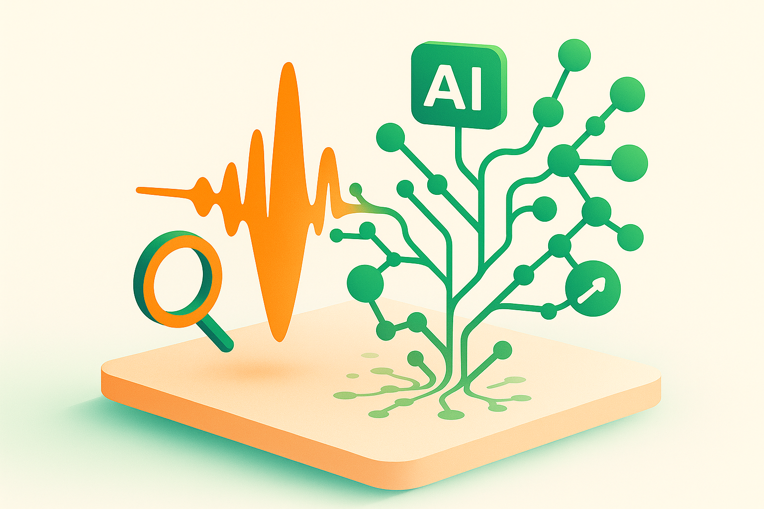 Abstract voice waveform transforming into interconnected nodes in a vibrant digital ecosystem.