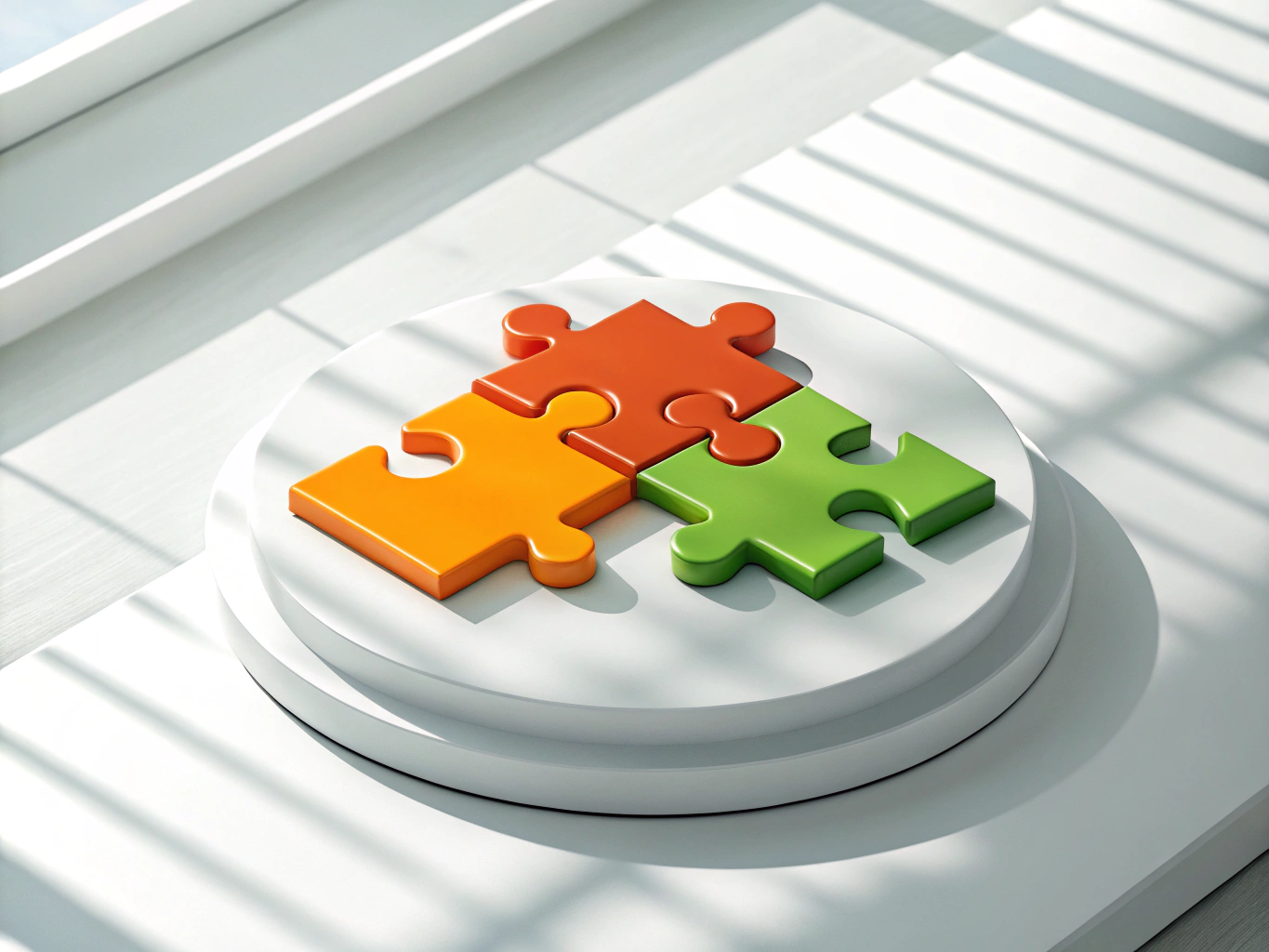 Abstract workspace with interlocking orange and green puzzle shapes, digital pathways, and upward arrows.