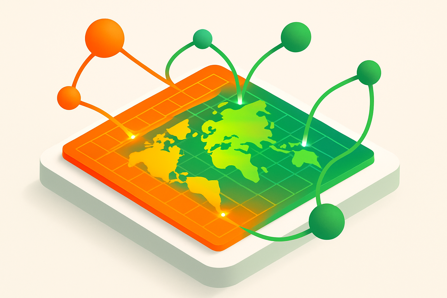 Digital network grid with glowing nodes and lines in orange and green, symbolizing global connections.