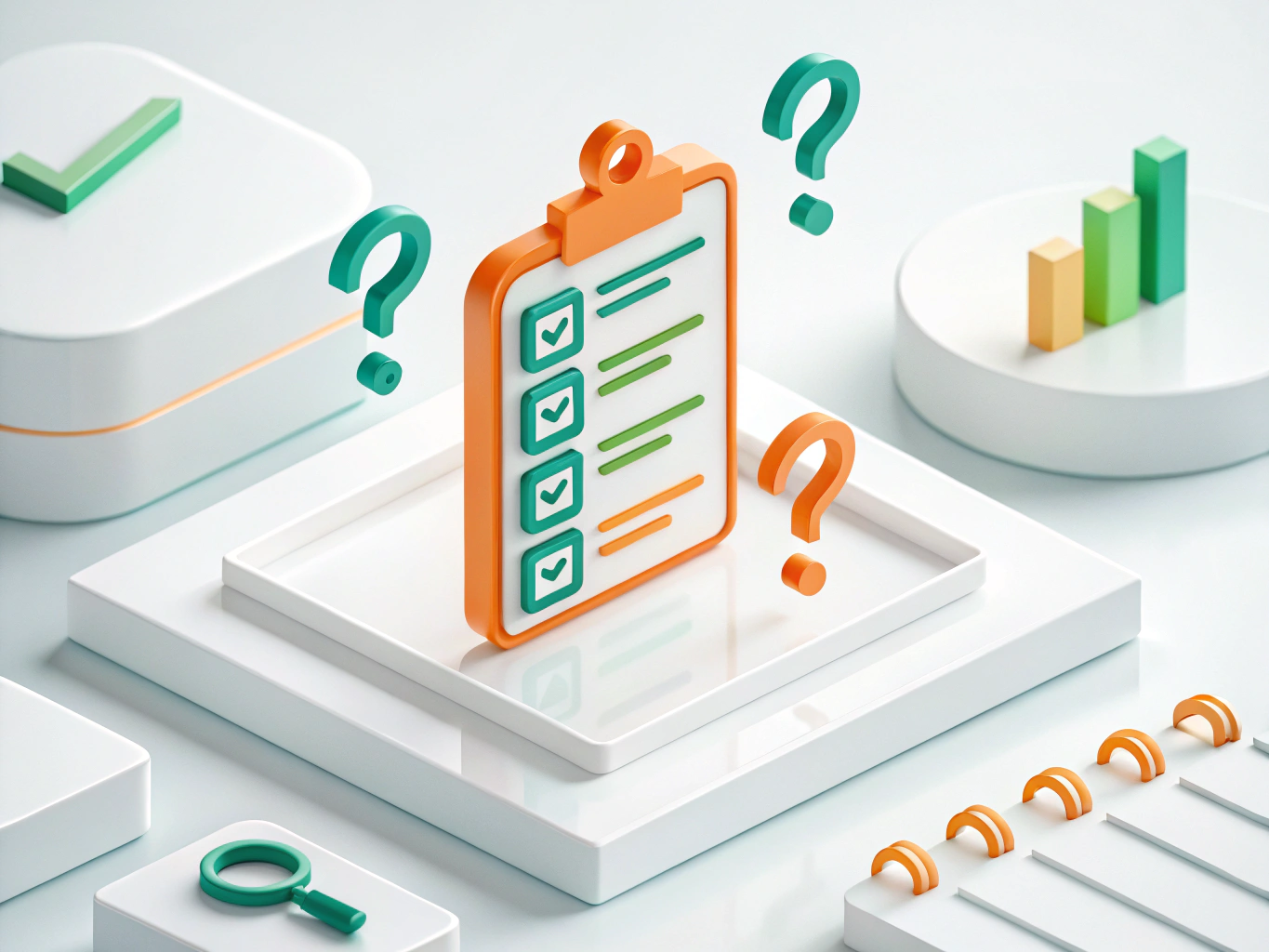 Flat vector illustration of an abstract checklist with question marks and search bars in vibrant orange and green hues.
