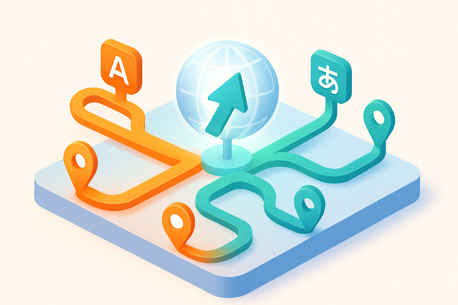 Flat vector illustration of glowing orange and green pathways converging at a central hub, symbolizing global connectivity.
