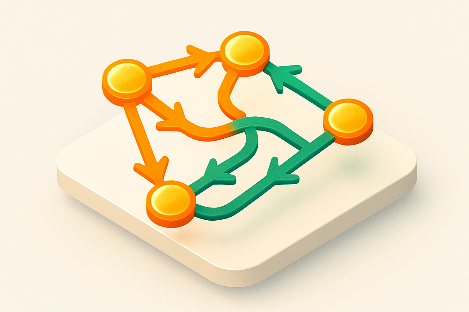 Flat-vector illustration of interconnected glowing nodes and bidirectional arrows in orange and green.