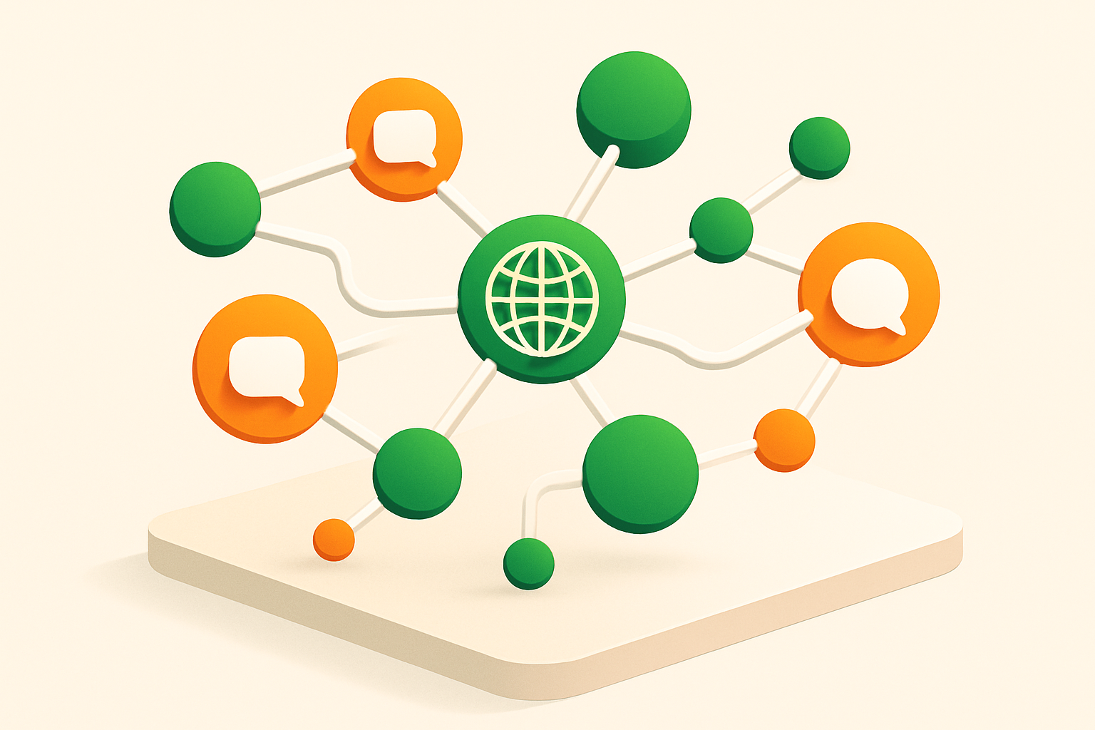 Flat-vector illustration of interconnected glowing nodes in orange and green with flowing navigation lines.