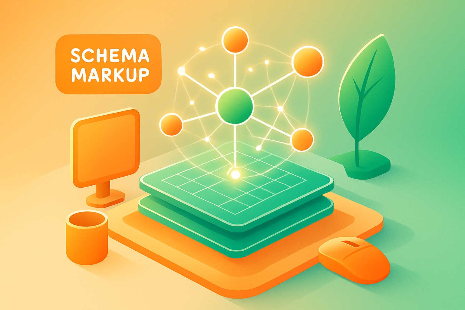 Flat vector illustration of interconnected nodes and digital grids symbolizing schema markup.