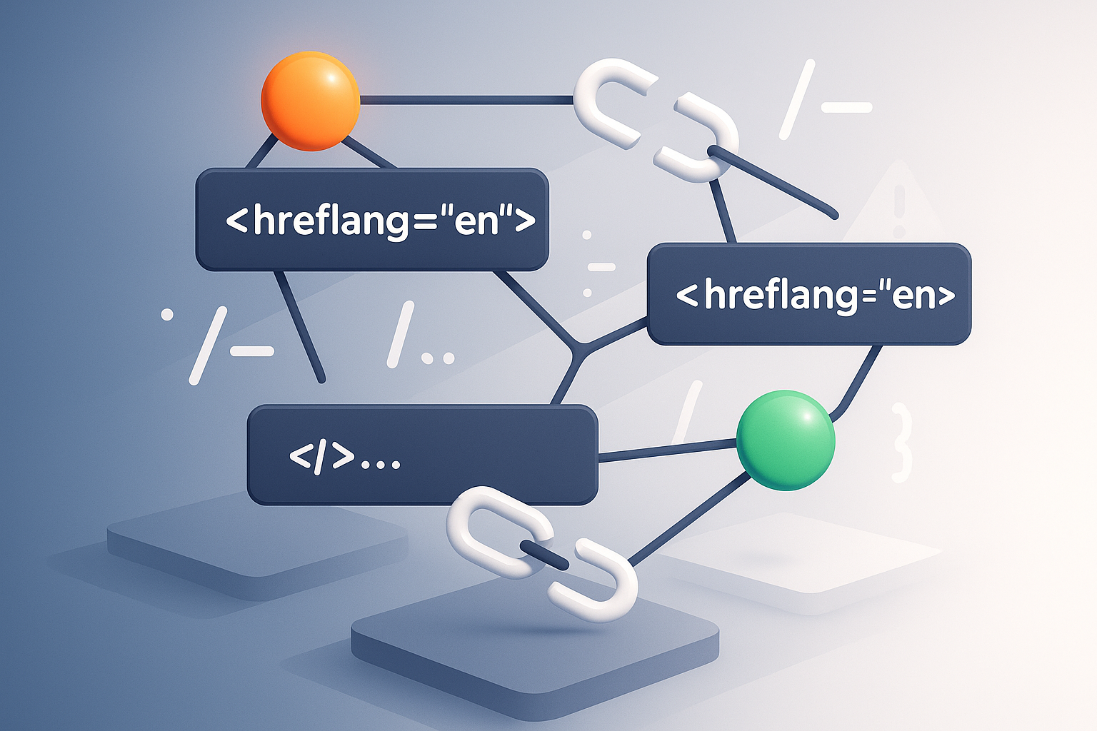 Floating web of glowing code snippets, broken links, and colorful hreflang nodes with abstract platforms.