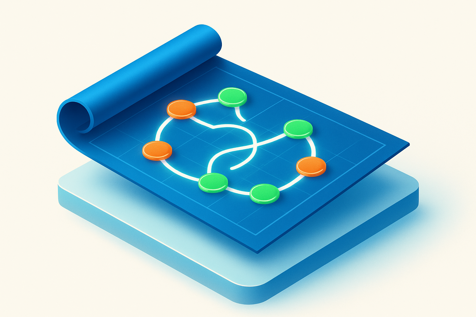 Glowing blueprint with interconnected orange and green nodes on a floating gradient platform.