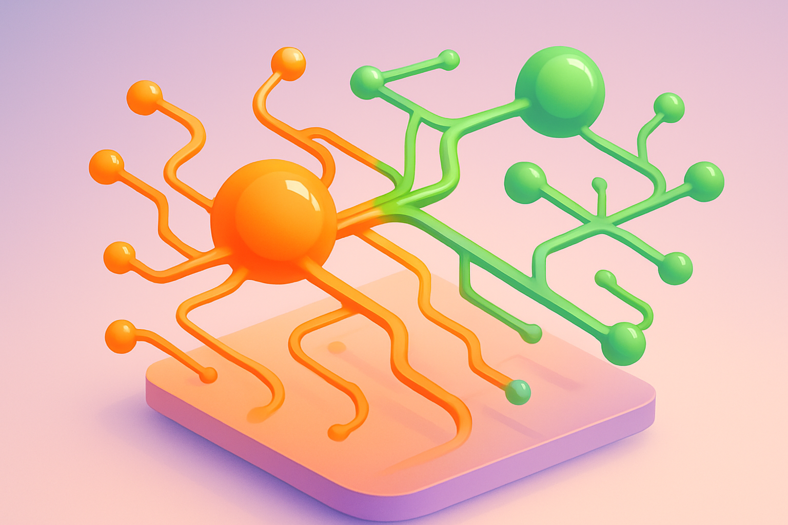 Illustration of interconnected orange and green AI network nodes on a gradient platform background.