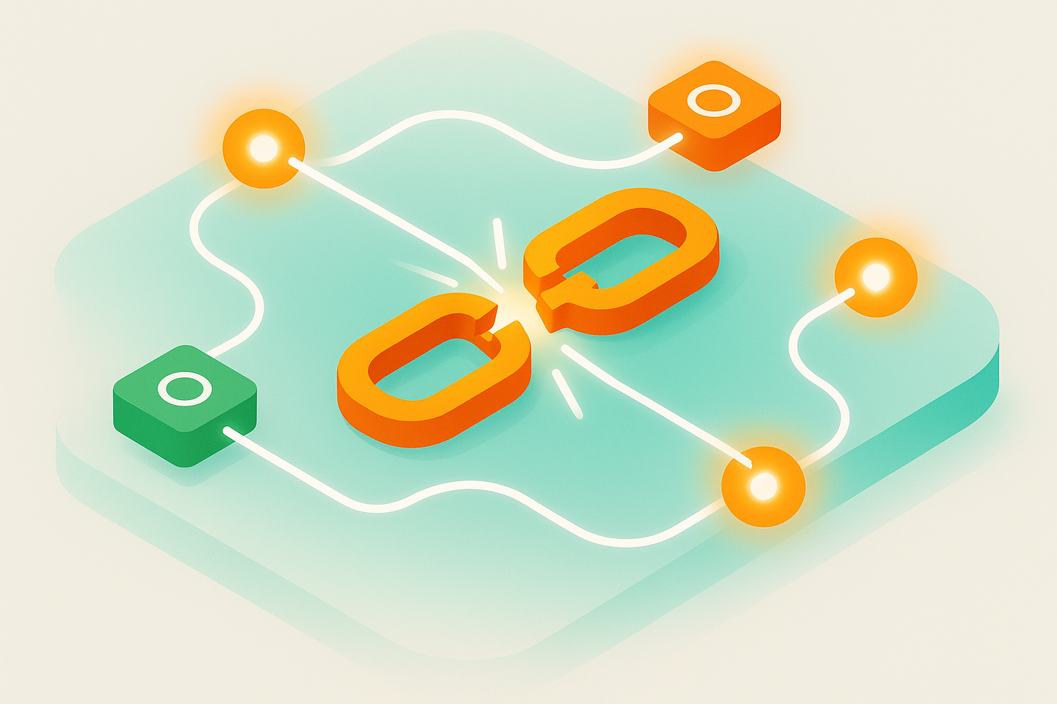 Interconnected glowing nodes repairing broken links in a vibrant, isometric network illustration.