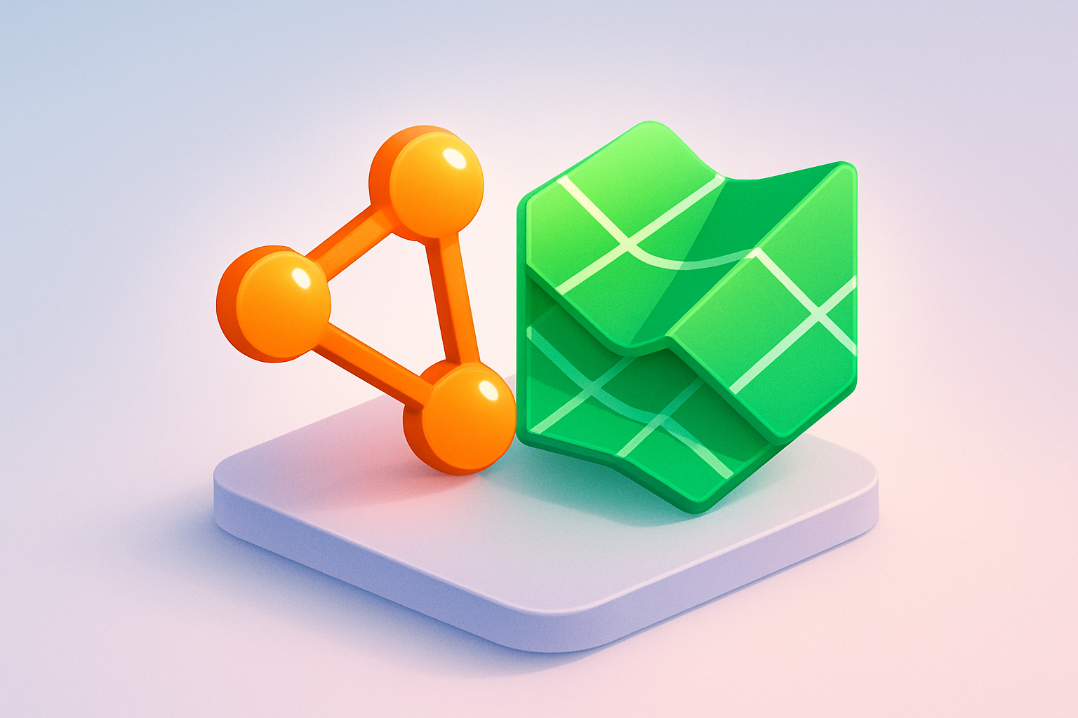 Intertwined orange network nodes and green layered map grid symbolizing SEO strategy synergy.
