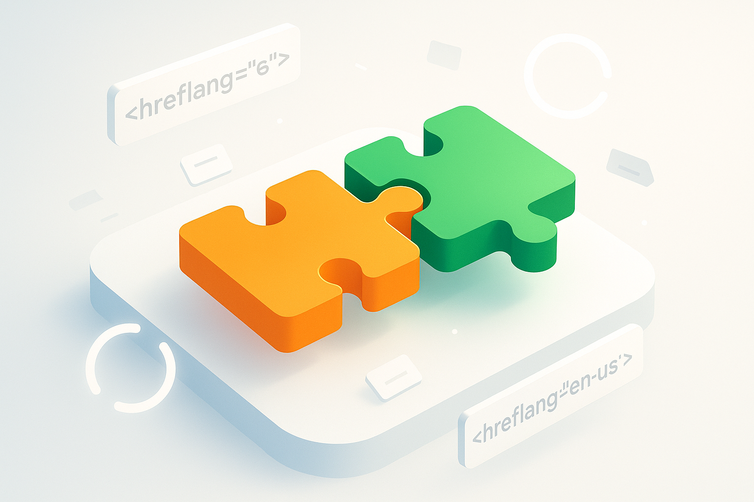 Isometric illustration of floating puzzle pieces, tags, and loops representing hreflang connections and troubleshooting.