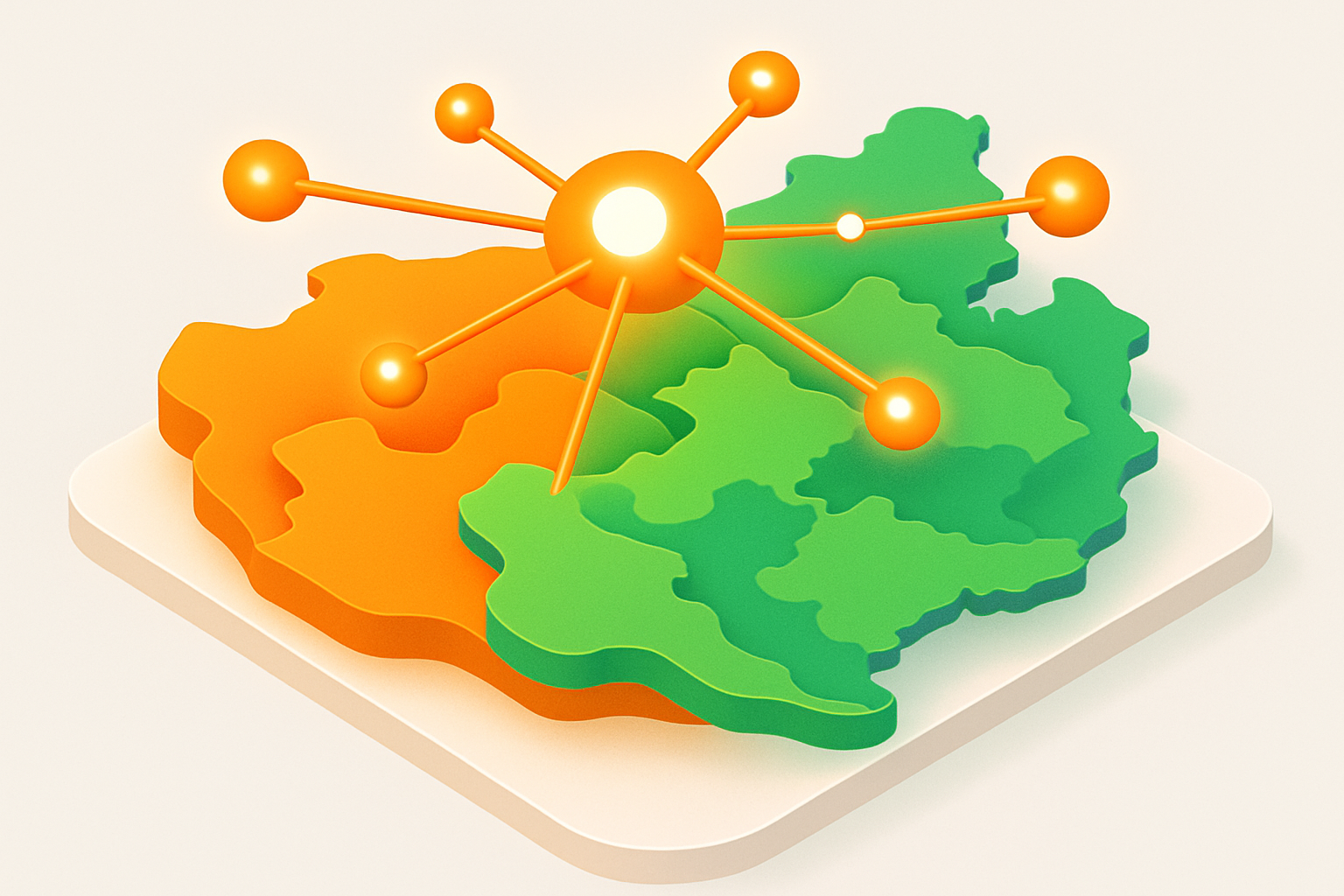Isometric illustration of glowing interconnected nodes over layered global regions in orange and green tones.