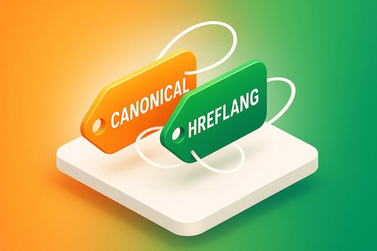 Isometric illustration of glowing orange and green tags connected by flowing lines on colorful gradient background.