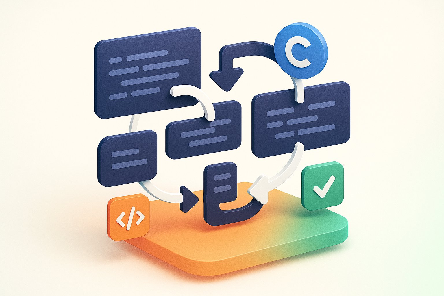 Isometric illustration of interconnected code blocks and symbols on glowing gradient platform.