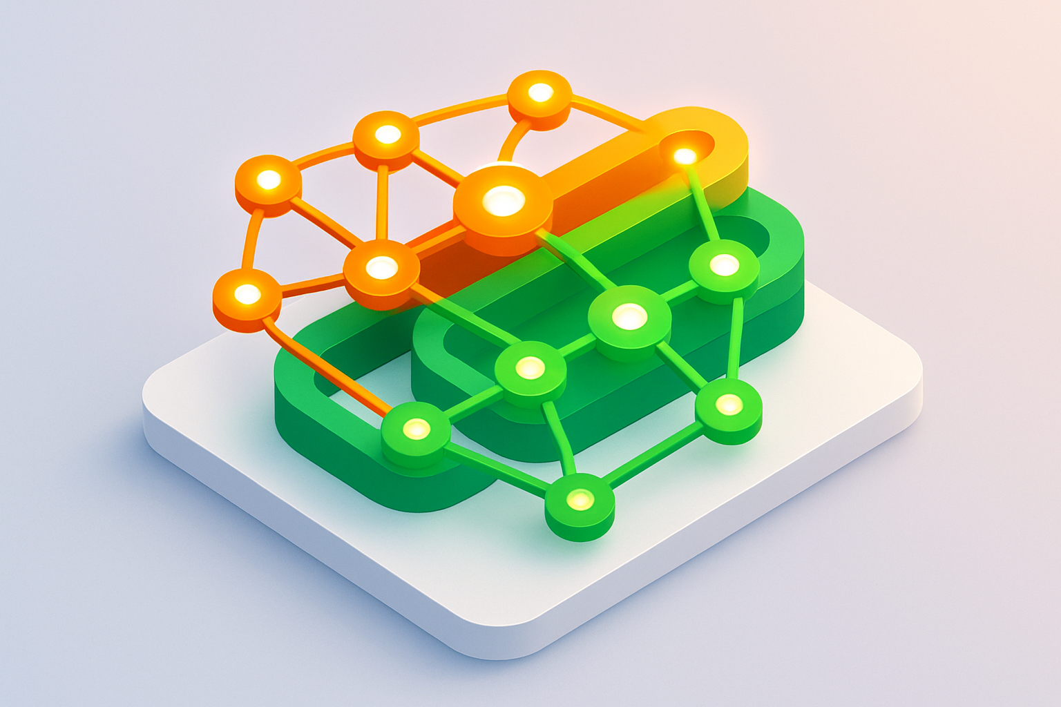 Isometric illustration of interconnected glowing nodes and digital pathways in vibrant orange and green