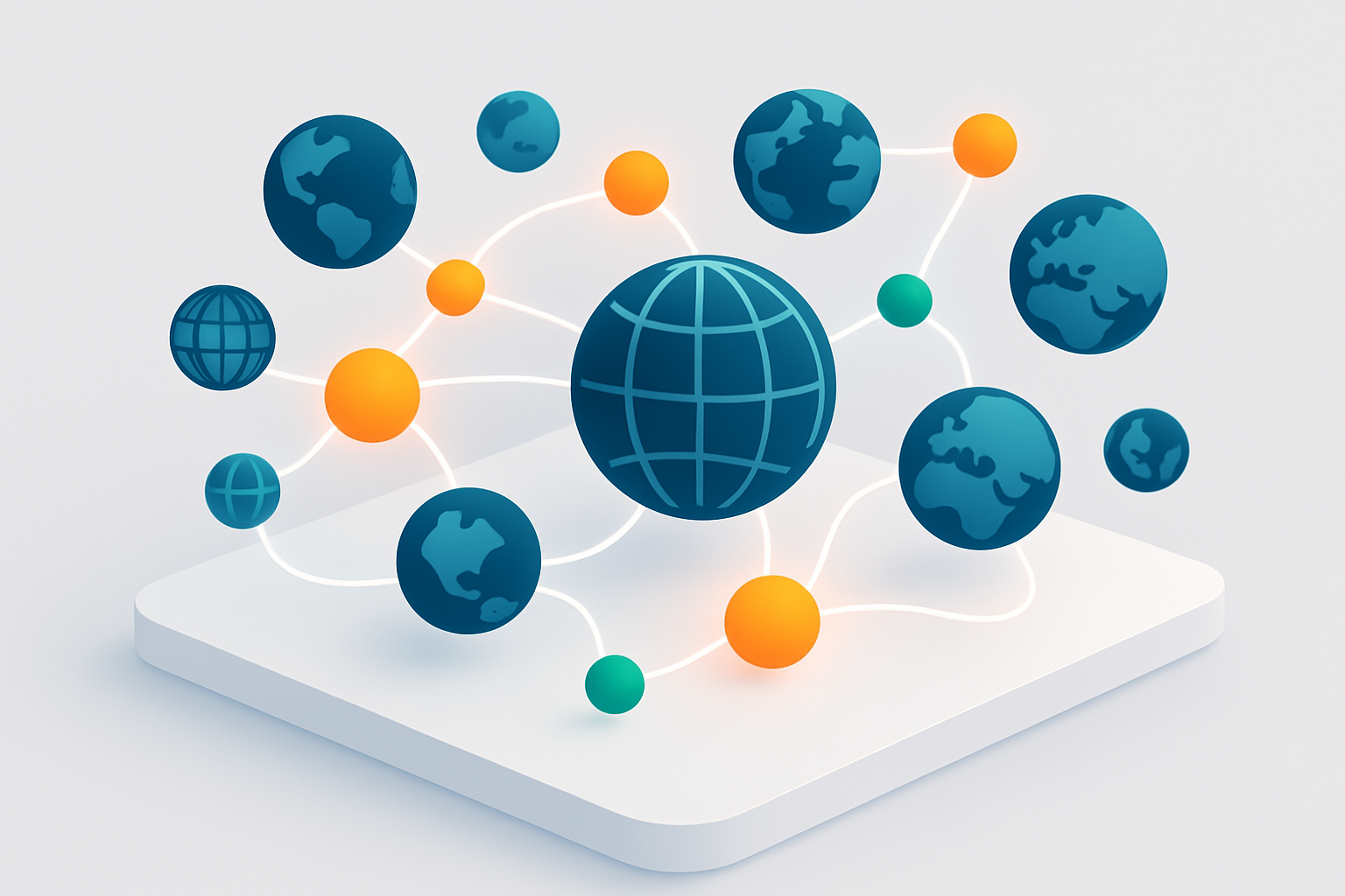 Isometric illustration of interconnected glowing nodes linking global motifs in a digital network.