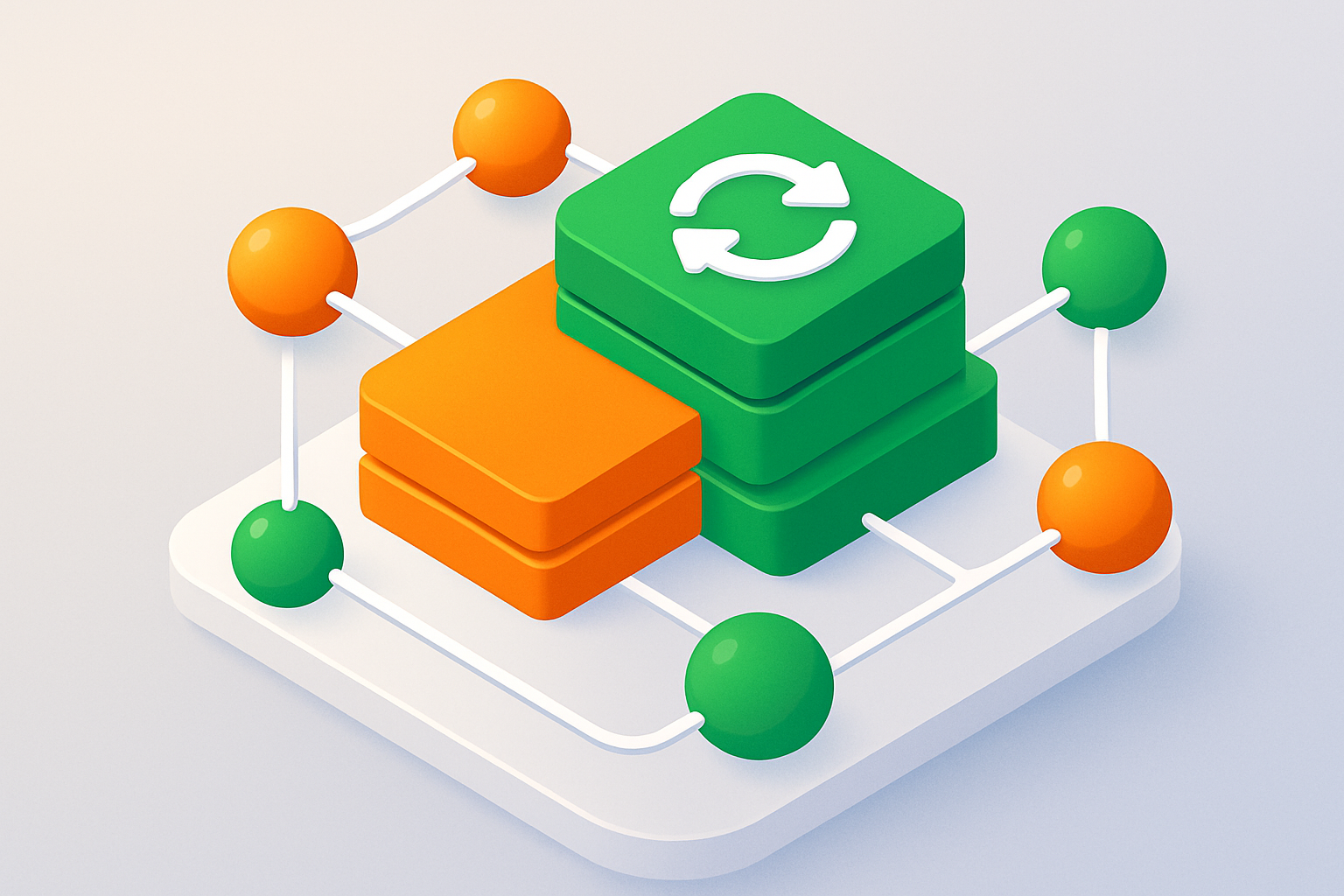Isometric illustration of interconnected nodes and layered blocks in orange and green on gradient background.