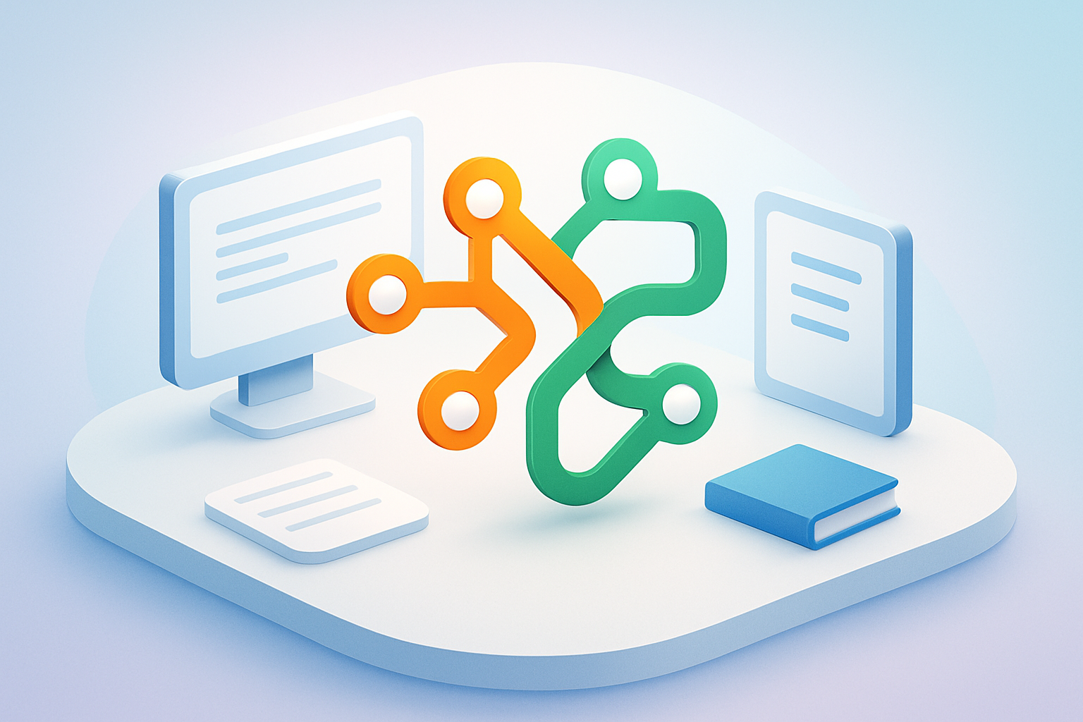 Modern abstract workspace with interconnected orange circuits and green pathways symbolizing integration.