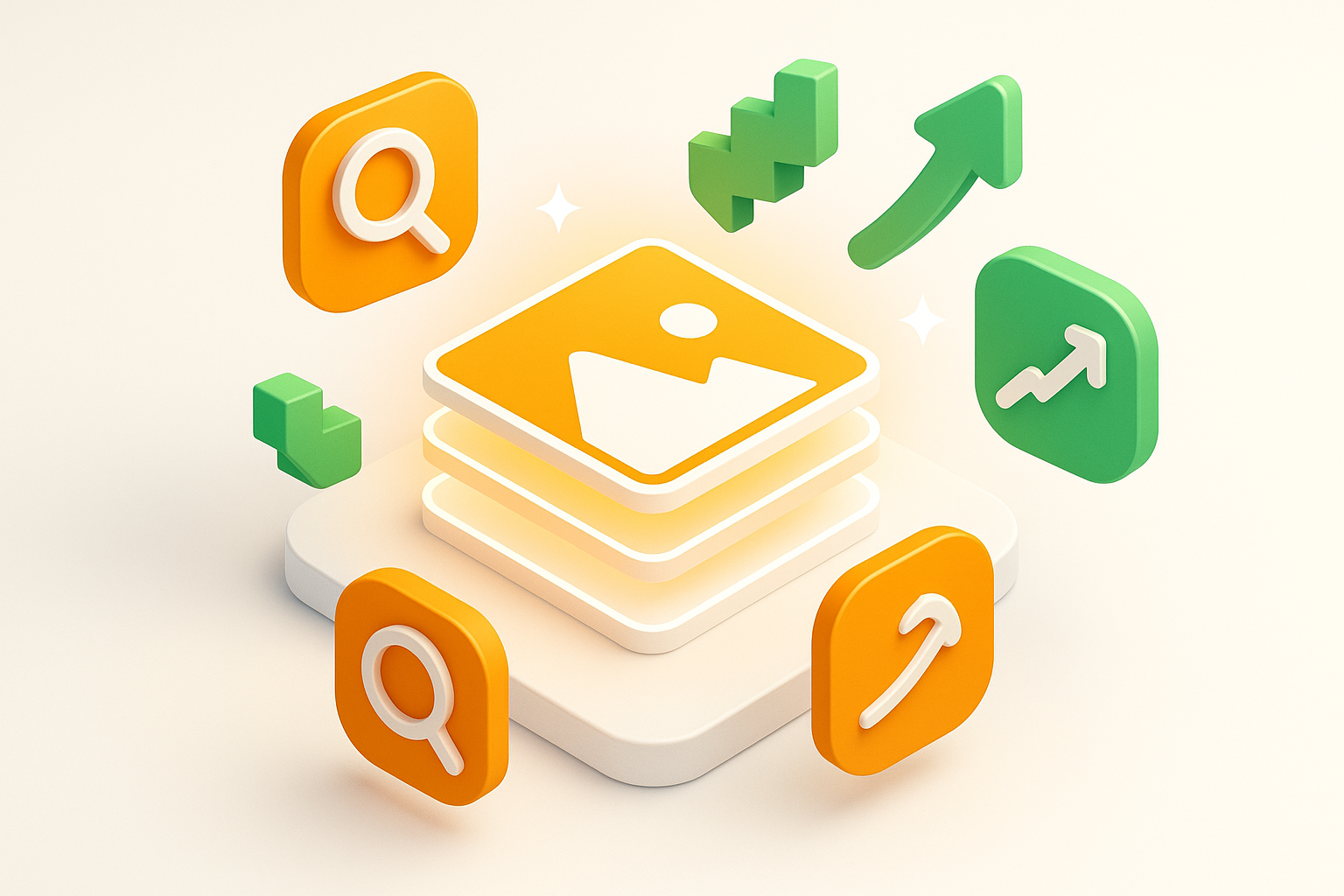 Modern digital workspace with icons representing SEO, growth, and image optimization.