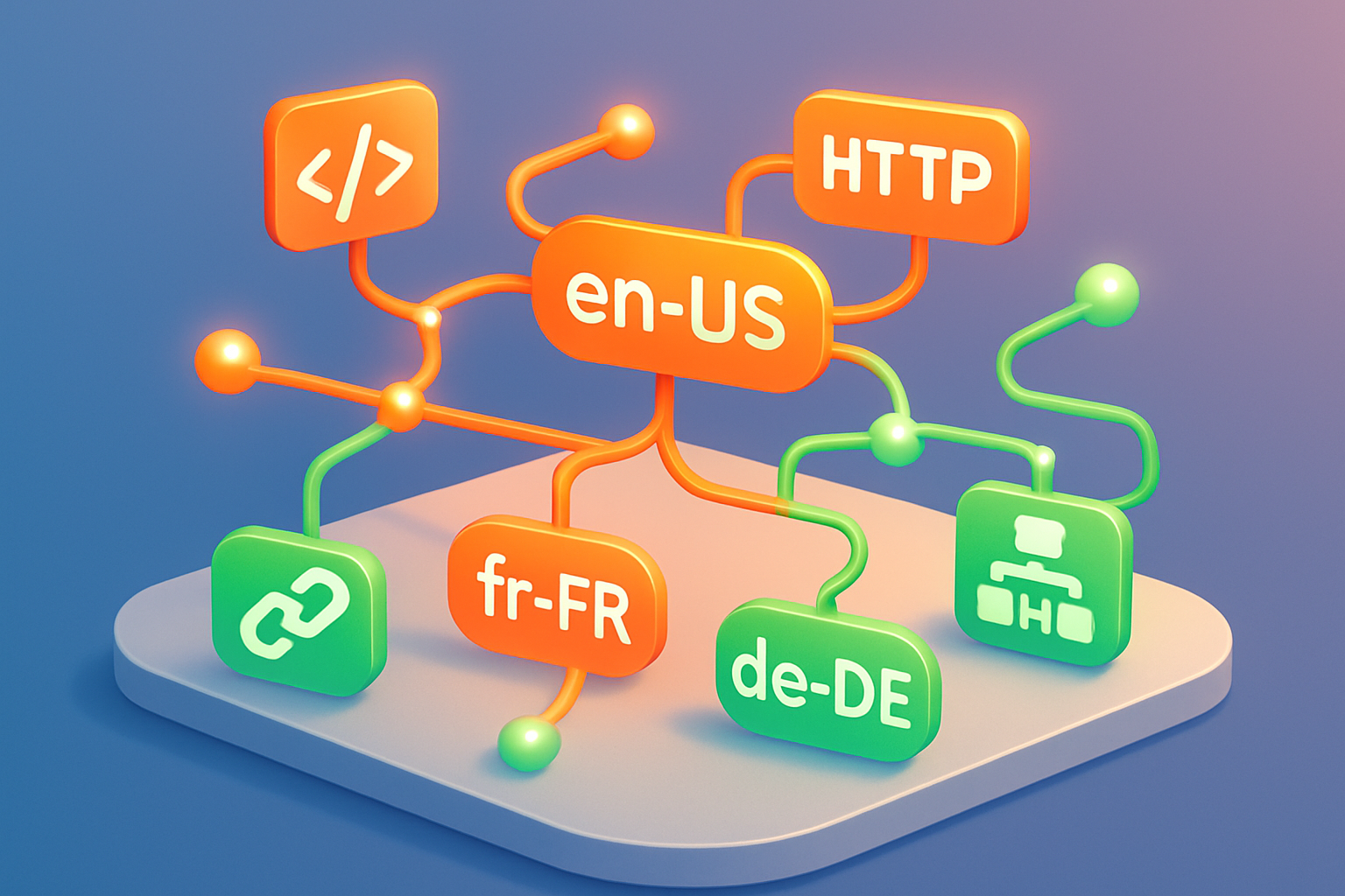 Modern isometric illustration of interconnected language-region nodes, HTML links, and sitemap icons.