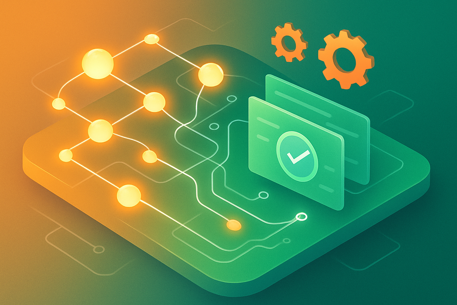 Modern isometric network with glowing nodes, pathways, gears, and screens symbolizing global data flow.