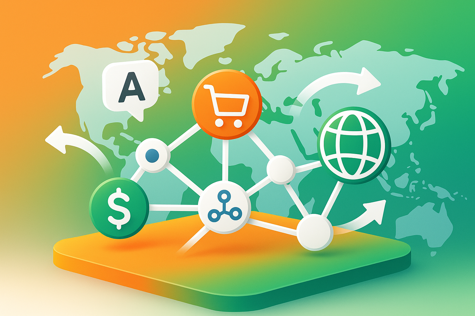 Modern isometric network with interconnected nodes over gradient background, symbolizing global ecommerce expansion.