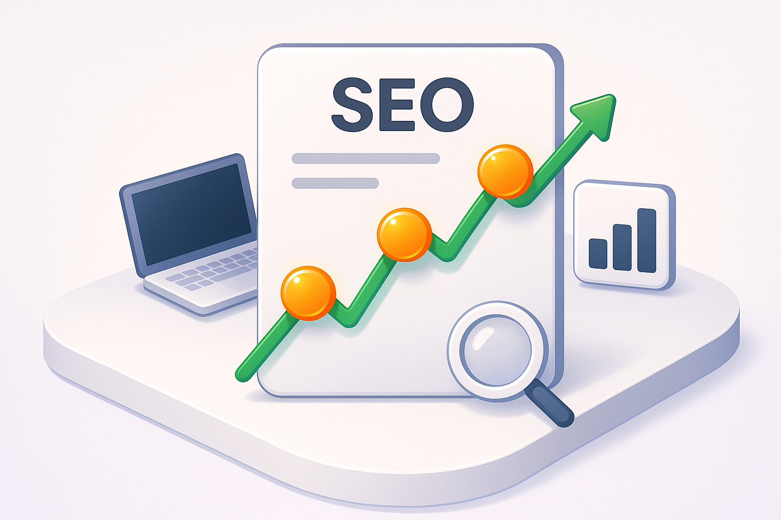 Modern isometric workspace with glowing orange data nodes and green growth lines symbolizing SEO.
