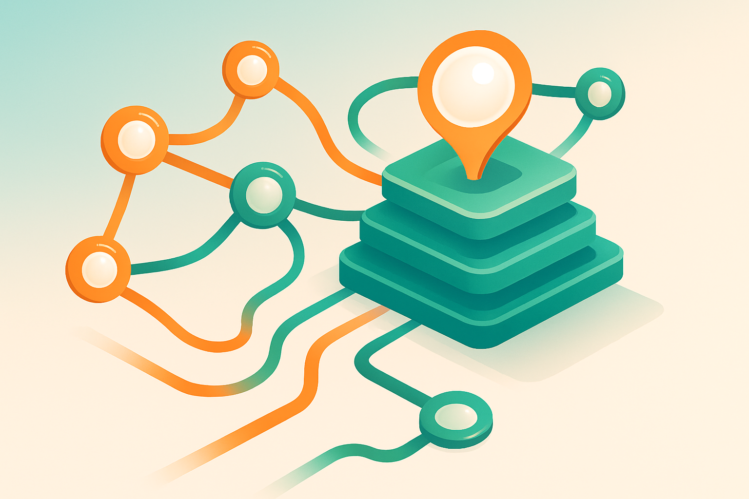 Modern network with glowing nodes, layered platforms, flowing pathways, and central pulsating core.