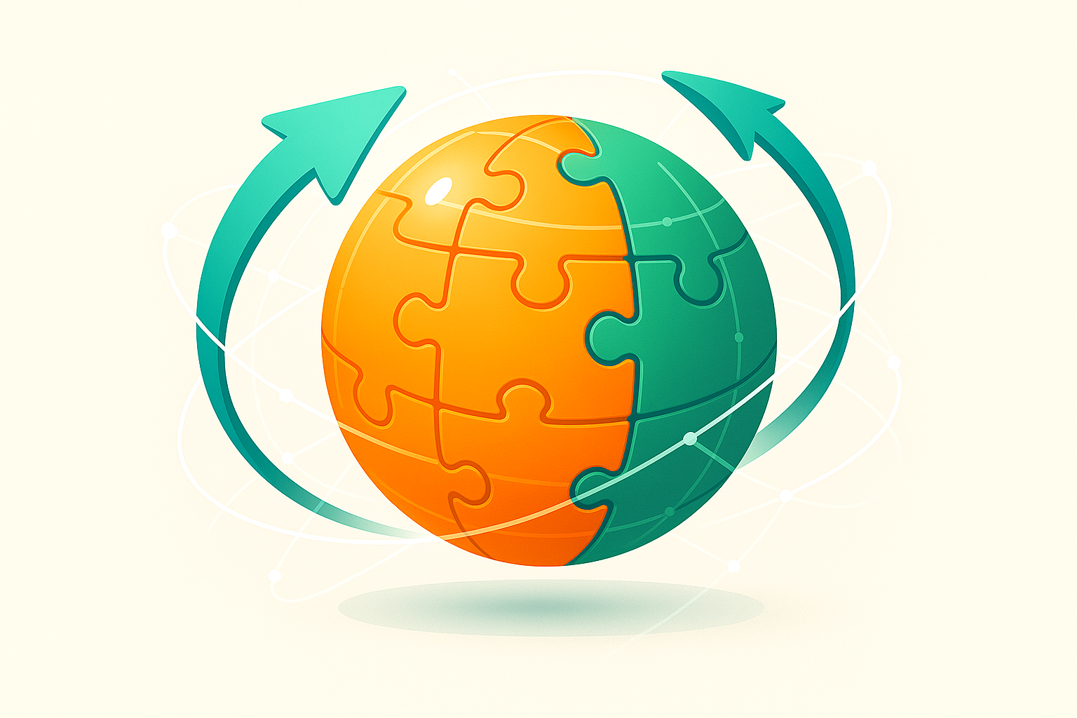 Radiant globe with interlocking orange and green puzzle pieces, surrounded by arrows and network lines.